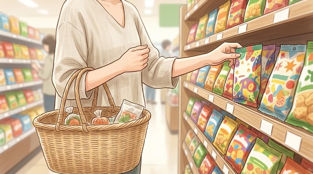お菓子の棚に手を伸ばす買い物客の手元
