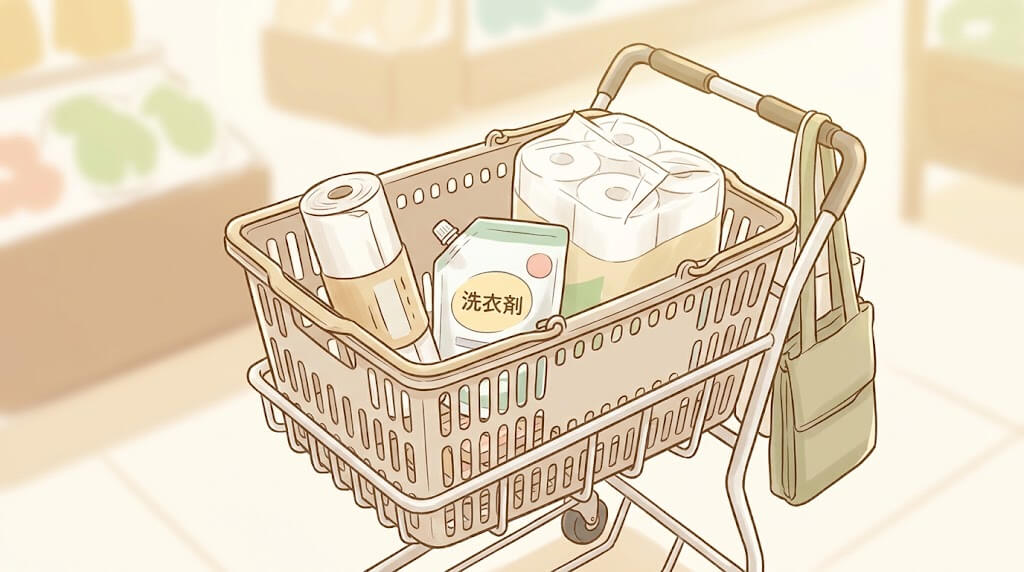 ゴミ袋と洗剤だけが入った買い物カゴ