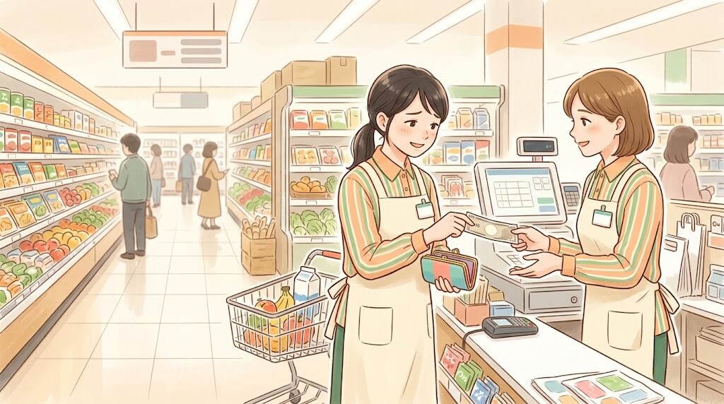 財布からお札を出す店員と受け取る同僚