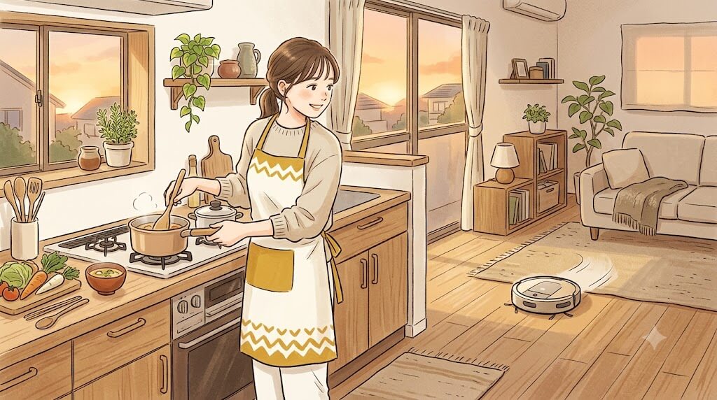 料理をしながらロボット掃除機を見守る女性のイラスト