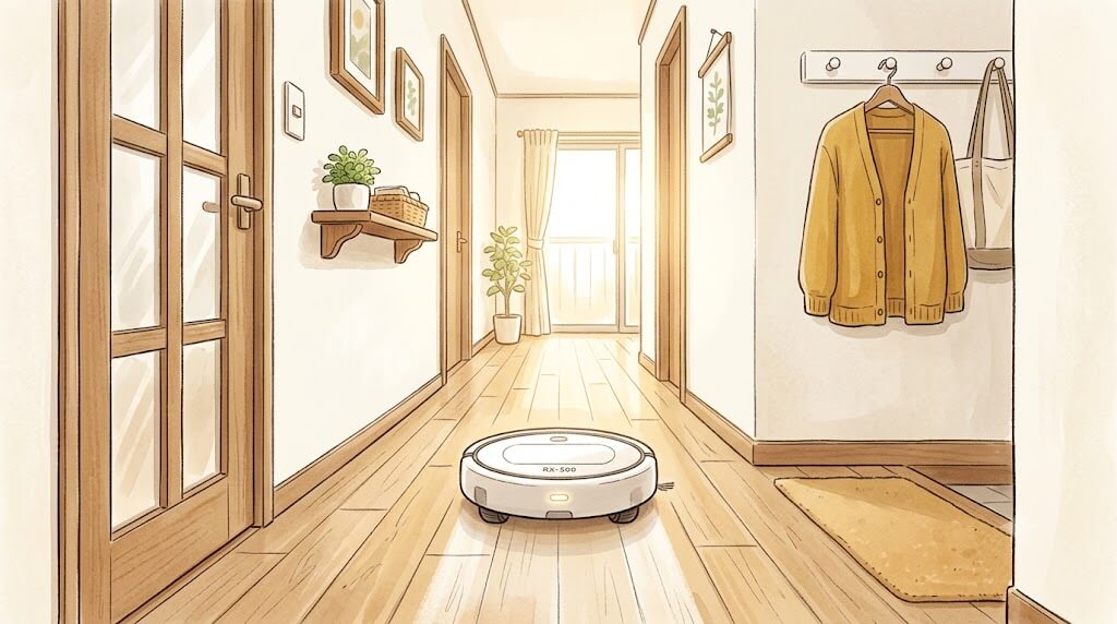 朝の廊下を進むロボット掃除機のイラスト
