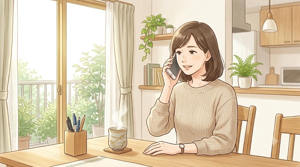 ダイニングで業者に電話で相談する女性