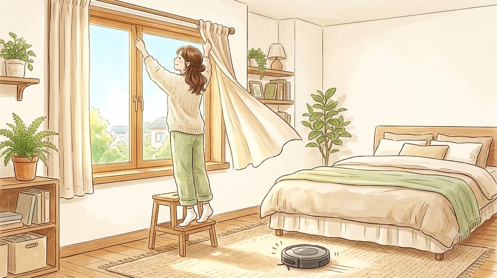 カーテンを外して洗濯の準備をする女性のイラスト