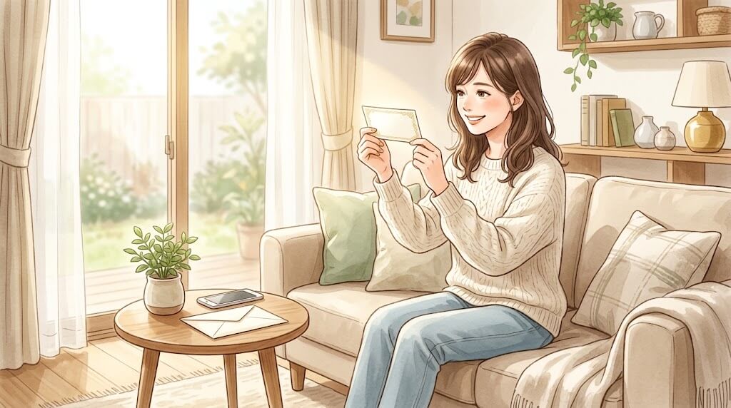 リビングで商品券の内容を確かめる女性