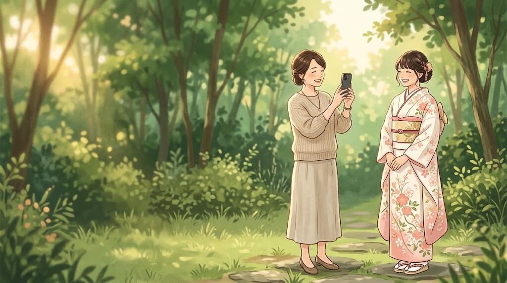 庭で振袖姿をスマホで撮る母娘