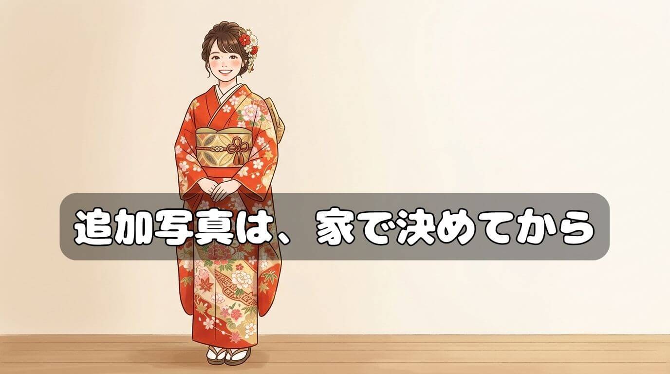 振袖姿でスタジオに立つ女性