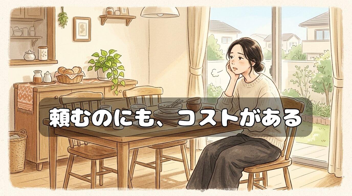 朝のダイニングでひと息つく女性